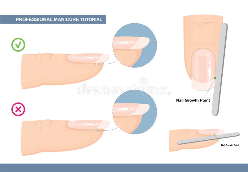 Professional Manicure Tutorial. The Perfect Nail Shape. How to File Nails the Right Way. Manicure Mistakes. Vector