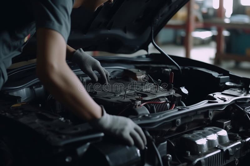 Professional Mechanic Working on the Engine of the Car in the Garage