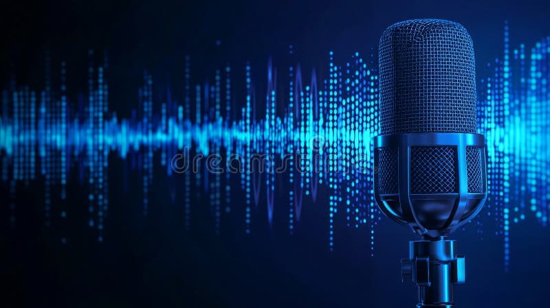 This professional microphone has a waveform pattern displayed on a blue background banner, ideal for podcasts and royalty free stock photos
