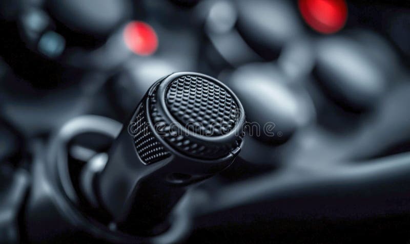 A professional microphone stands ready for recording, poised in a studio with blurred background elements. stock illustration