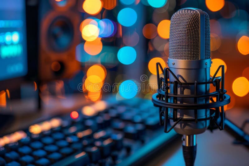 Professional microphone studio podcast stream interview platform radio with micrecording voice singing in bright record studio audio quality equipment content music media entertainment. High quality photo AI generated