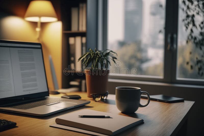 Professional Modern Office Desk with Laptop and Supplies vector illustration