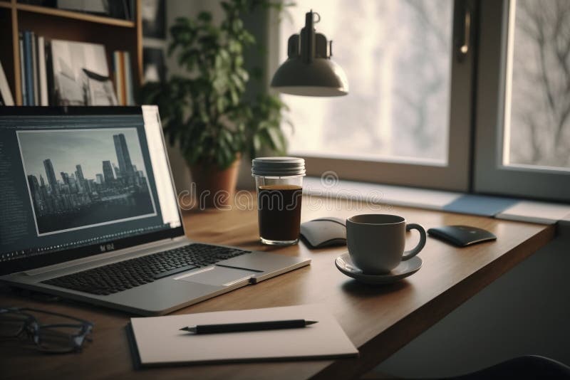 Professional Modern Office Desk with Laptop and Supplies royalty free illustration