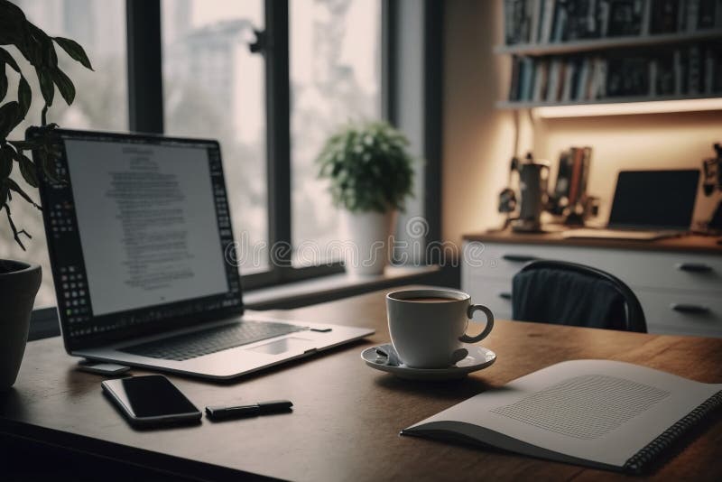 Professional Modern Office Desk with Laptop and Supplies royalty free illustration