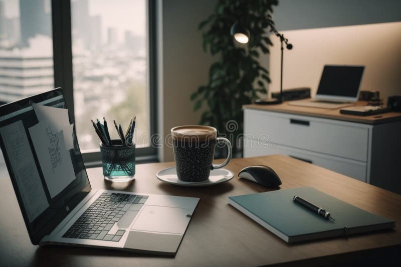 Professional Modern Office Desk with Laptop and Supplies vector illustration