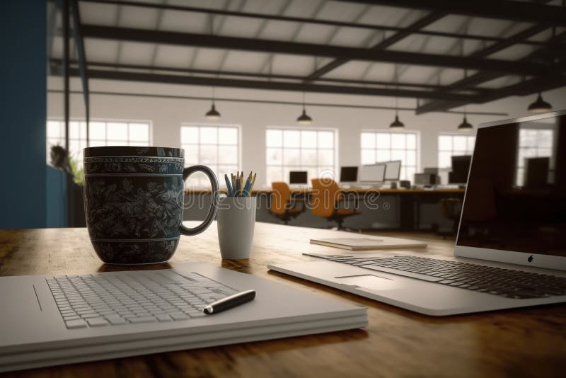 Professional Modern Office Desk with Laptop and Supplies vector illustration