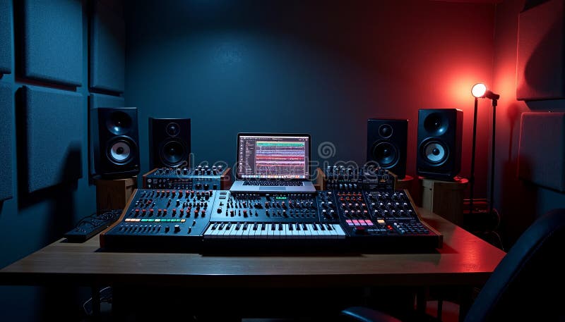 Professional Music Studio Setup With Analog Console, Synths, Laptop And Studio Monitors stock illustration