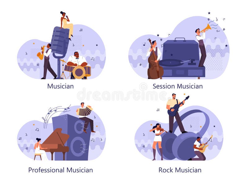 Professional musician playing musical instruments set. Young stock illustration Professional musician playing musical instruments set. Young stock illustration