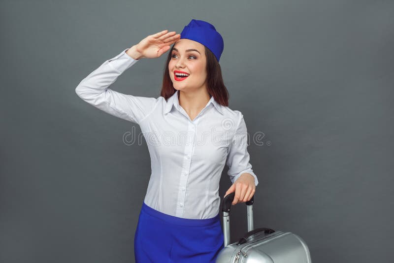 Professional Occupation Stewardess Standing Isolated On Grey With