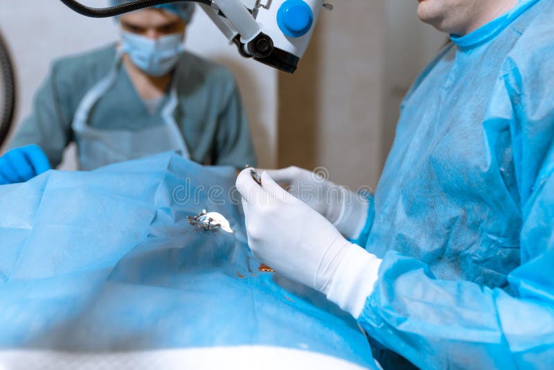 A Professional Ophthalmologist Performs Eye Surgery with a Microscope