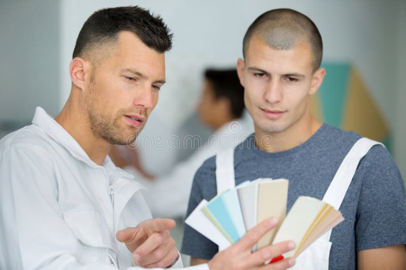 Professional Painter Showing Set Color Swatches To Trainee Stock Image
