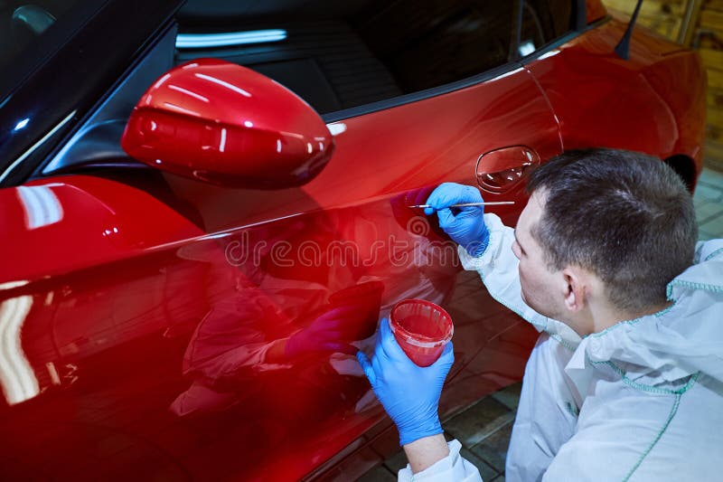 Tinting Defects of a Red Car Paint on the Service Stock Image Image