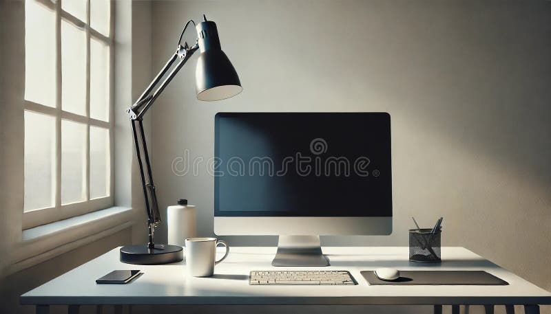 Desk Setup with Desktop Computer, Lamp, and Coffee Cup stock illustration