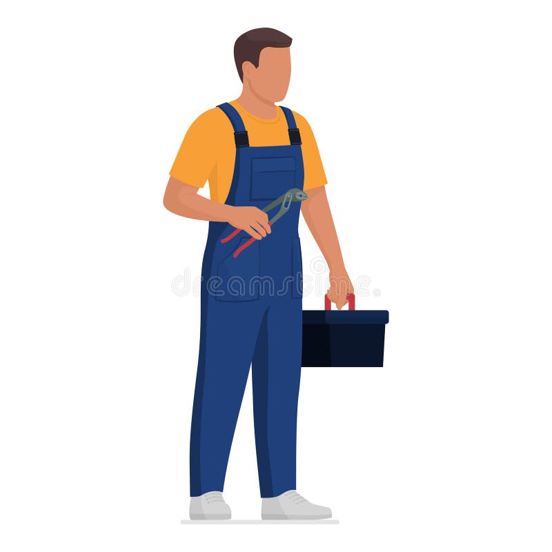 Professional plumber holding a pipe wrench and a toolbox royalty free illustration