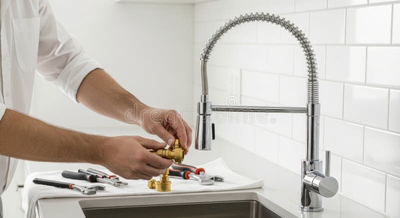 Plumber installing a modern kitchen faucet