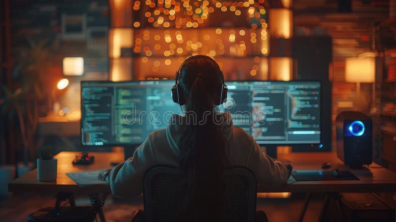 Professional programmer coding late at night in a modern home office setup stock illustration