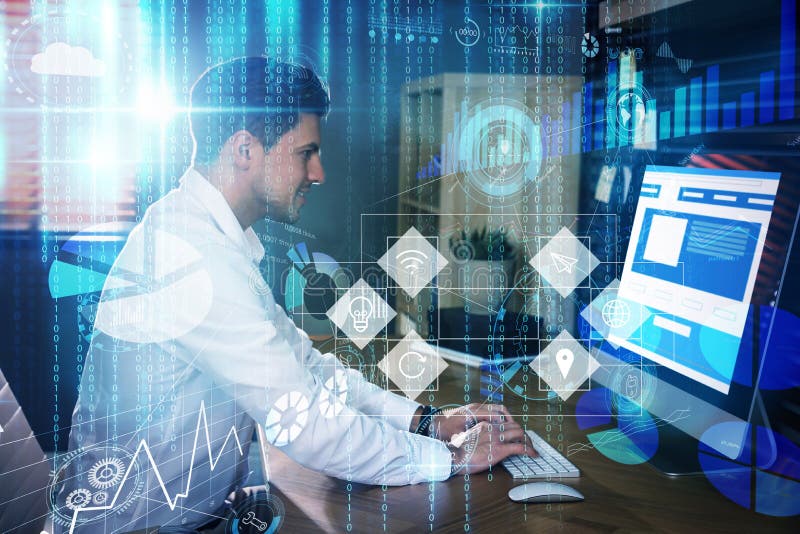 Professional programmer working with computer stock image