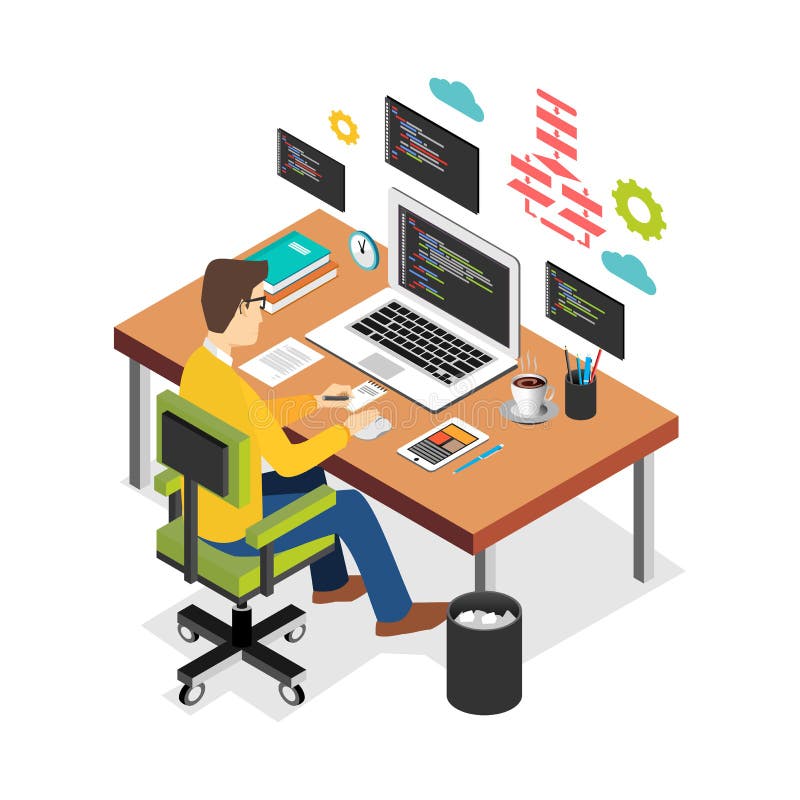 Professional programmer working writing code on laptop computer at desk. Programmer developer workplace. Flat 3d isometric technol vector illustration
