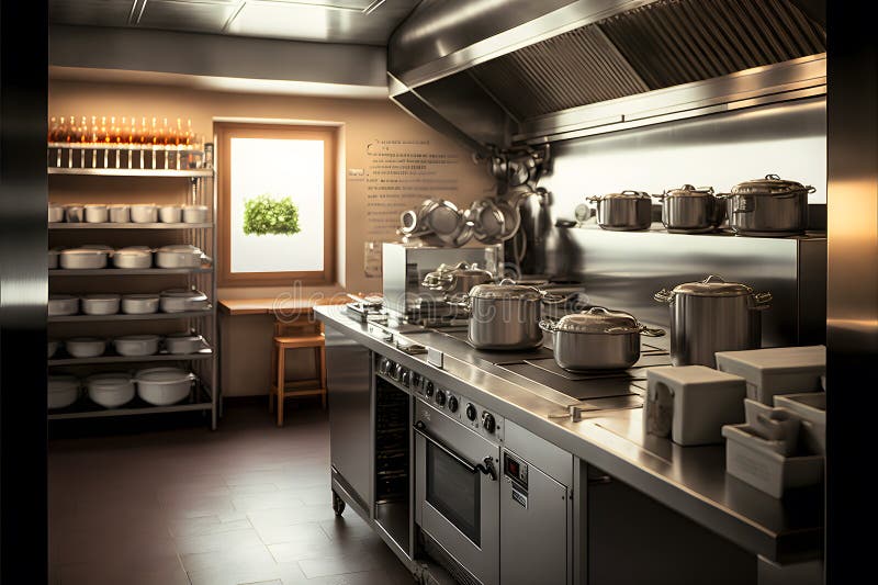 Professional Restaurant Kitchen Interior with Cooking Supply and
