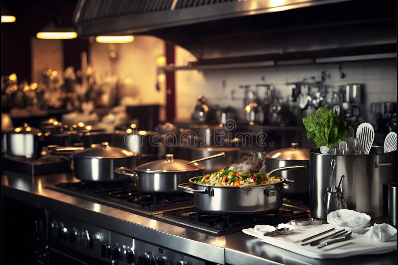 Professional Restaurant Kitchen Interior with Cooking Supply and