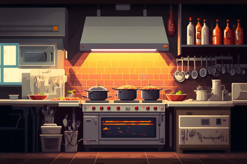 Professional Restaurant Kitchen Interior with Cooking Supply and