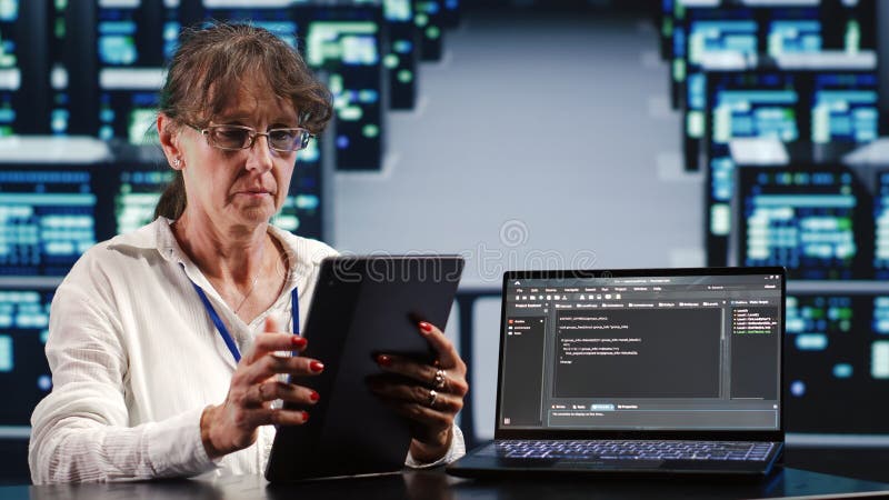 Professional running code in server farm stock photography