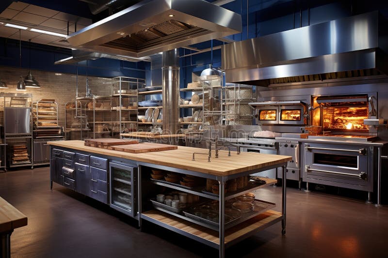 Professional stainless steel bakery kitchen. Generative AI. stock illustration