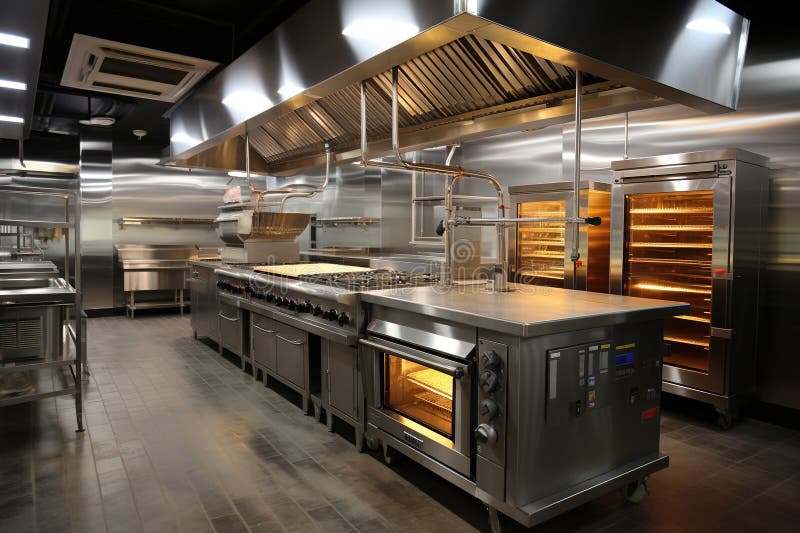 Professional stainless steel bakery kitchen. Generative AI. vector illustration
