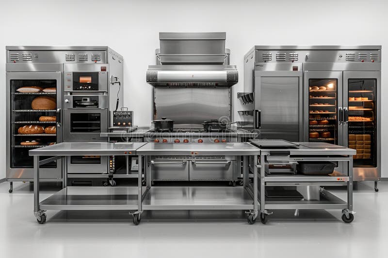Professional stainless steel bakery kitchen. Generative AI. royalty free illustration