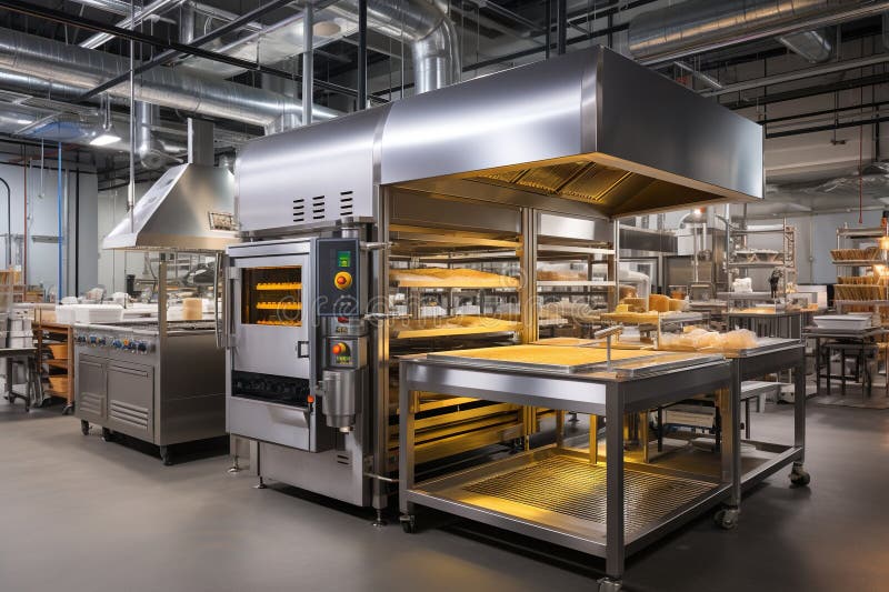 Professional stainless steel bakery kitchen. Generative AI. royalty free illustration