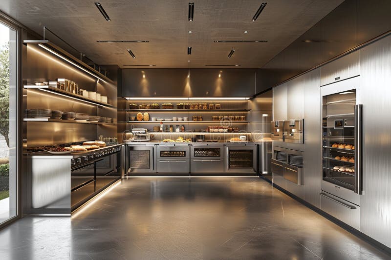 Professional stainless steel bakery kitchen. Generative AI. stock illustration