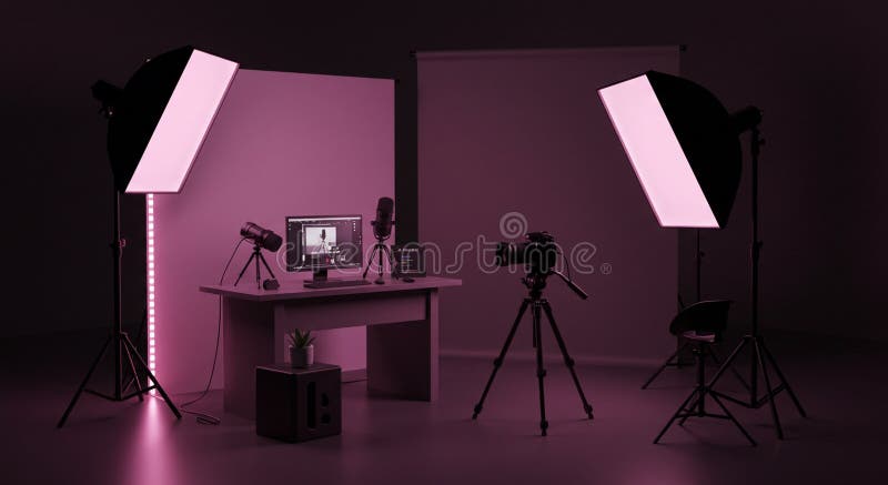 A professional studio setup with two large softbox lights illuminating a desk. A stock illustration