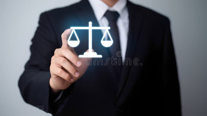 A professional in a suit presents a glowing scales of justice, symbolizing legal concept. royalty free illustration.