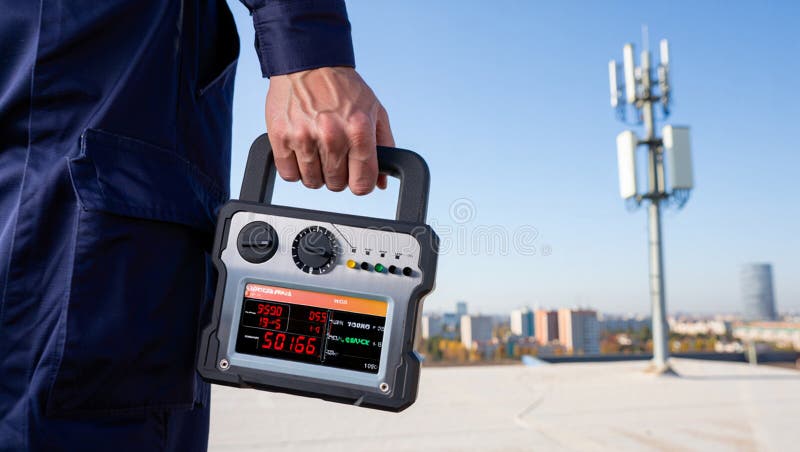 Professional technician using portable field analyzer near cellular tower for network testing stock illustration