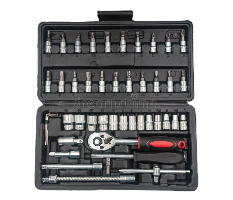 A professional tool set in a black case on a white background. royalty free stock images