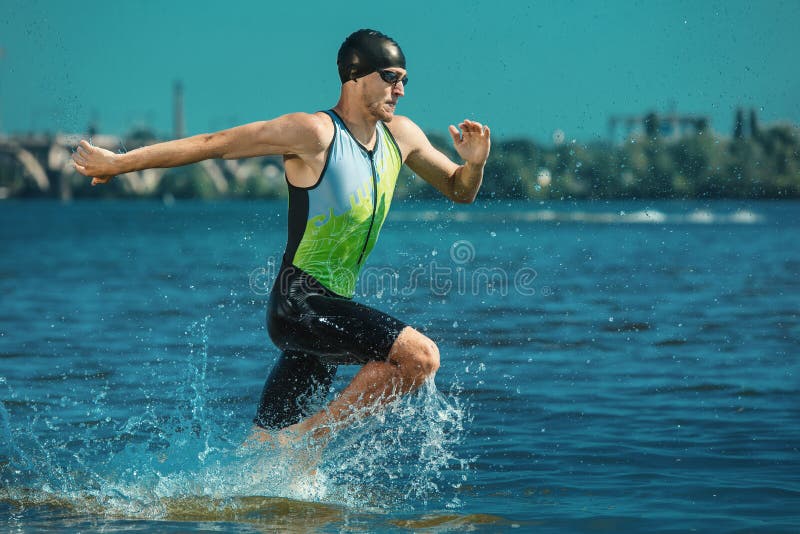 Professional Triathlete Swimming in River`s Open Water Stock Photo ...