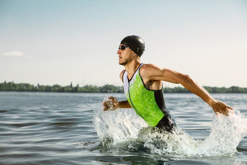 Professional Triathlete Swimming in River`s Open Water Stock Photo ...