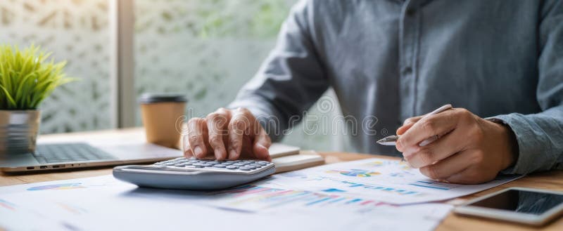 The professional uses a calculator while analyzing financial data at a desk AI generated image.