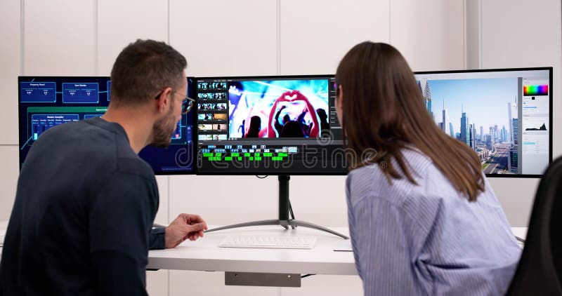 Professional Video Editor And Graphic Designer Working stock illustration