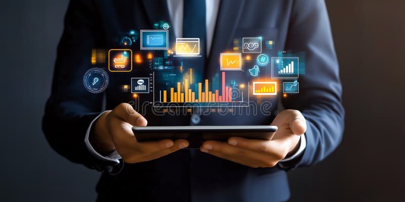 A Professional Viewing Interactive Financial Data on a High-Tech Tablet vector illustration