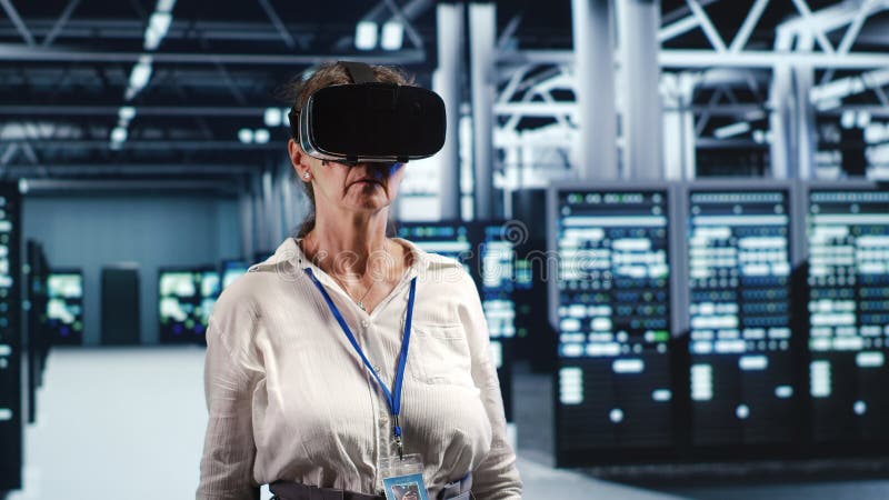 Professional with vr in server hub stock photo