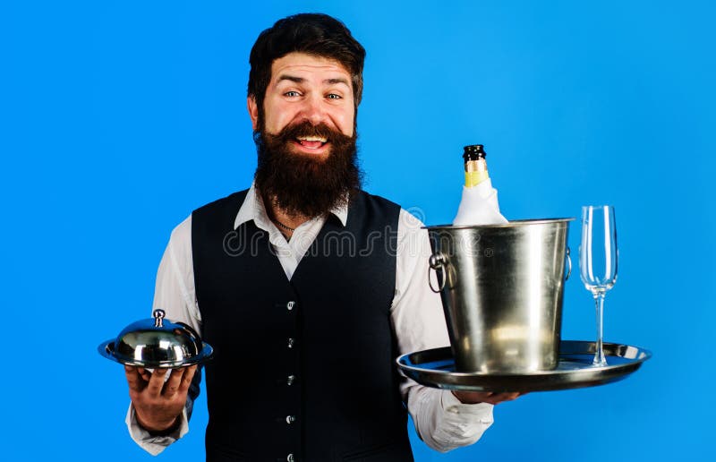 Professional Waiter in Uniform with Serving Tray and Wine Cooler