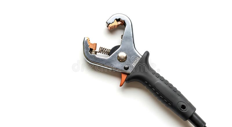 A professional welding ground clamp with copper jaws and a black handle rests on a clean white background, essential for electrical grounding in metalwork. Electrical grounding illustrations