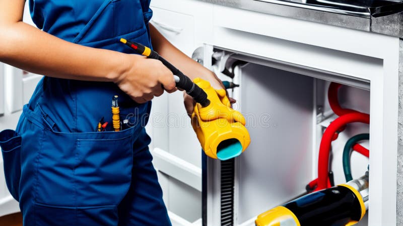 Professional woman on a technical assistance basis working in the kitchen of a household stock illustration