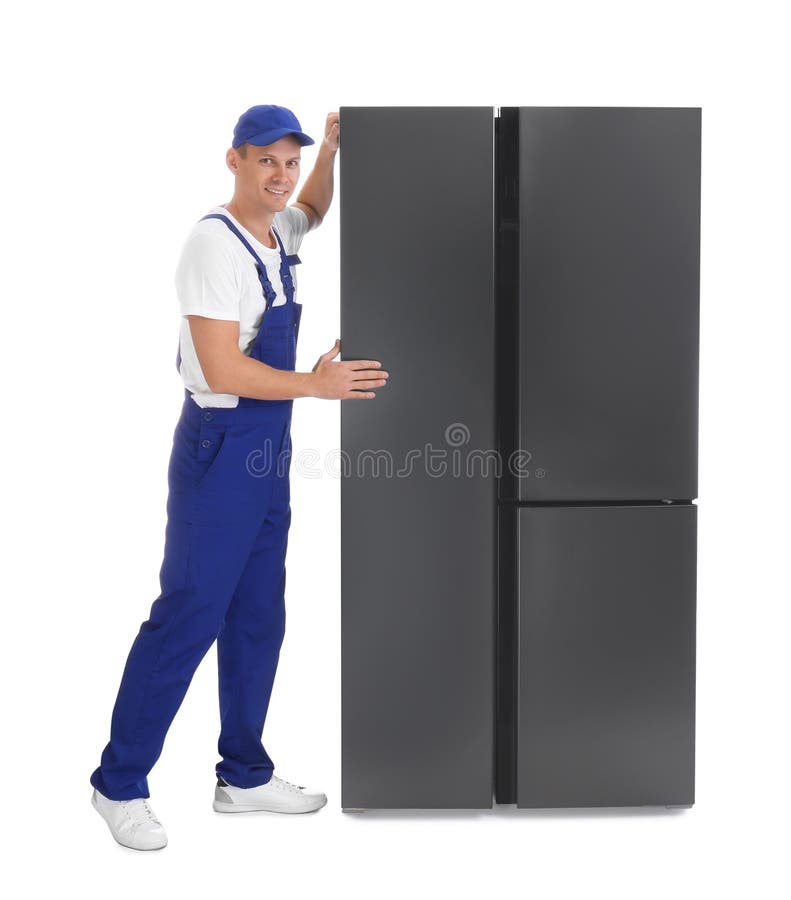 Professional Worker Carrying Refrigerator on White Stock Image Image