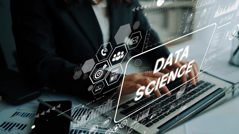 Professional working on data science project with digital interface and graphs on laptop in modern office environment royalty free stock photos