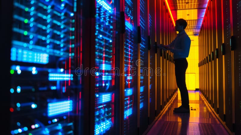 An IT professional is working within the vibrant and colorful illuminated aisles of a data center, surrounded by server stock image
