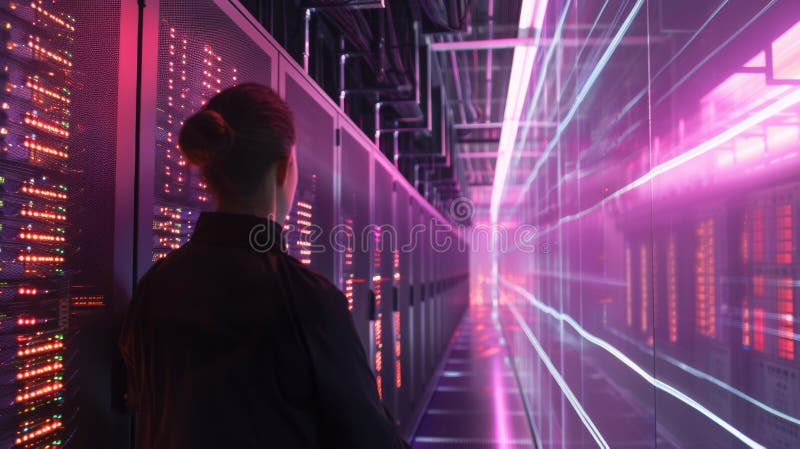 An IT professional is working within the vibrant and colorful illuminated aisles of a data center, surrounded by server stock image