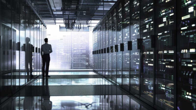 An IT professional is working within the vibrant and colorful illuminated aisles of a data center, surrounded by server royalty free stock photography
