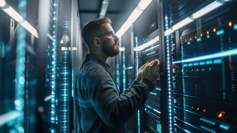 An IT professional is working within the vibrant and colorful illuminated aisles of a data center, surrounded by server stock images